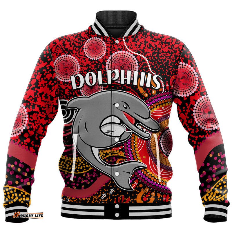 Custom Personalised Dolphins Rugby Baseball Jacket Aboriginal Dots