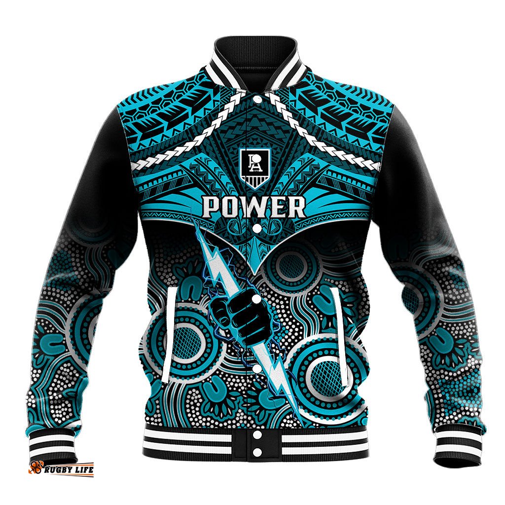Personalised Port Adelaide Football Baseball Jacket Power Aboriginal Mix Polynesian Pattern
