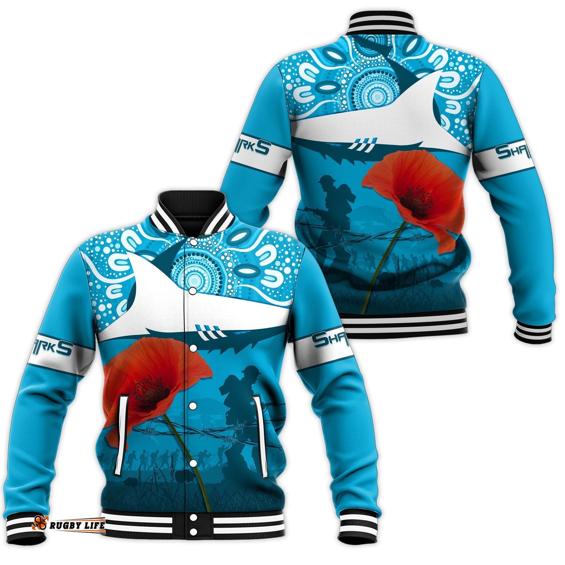 Sharkies Rugby Baseball Jacket Anzac Day Barb Wire Style