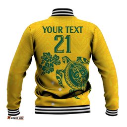 Custom Australia Soccer Baseball Jacket Socceroos Hibiscus and Turtle With Polynesian Pattern