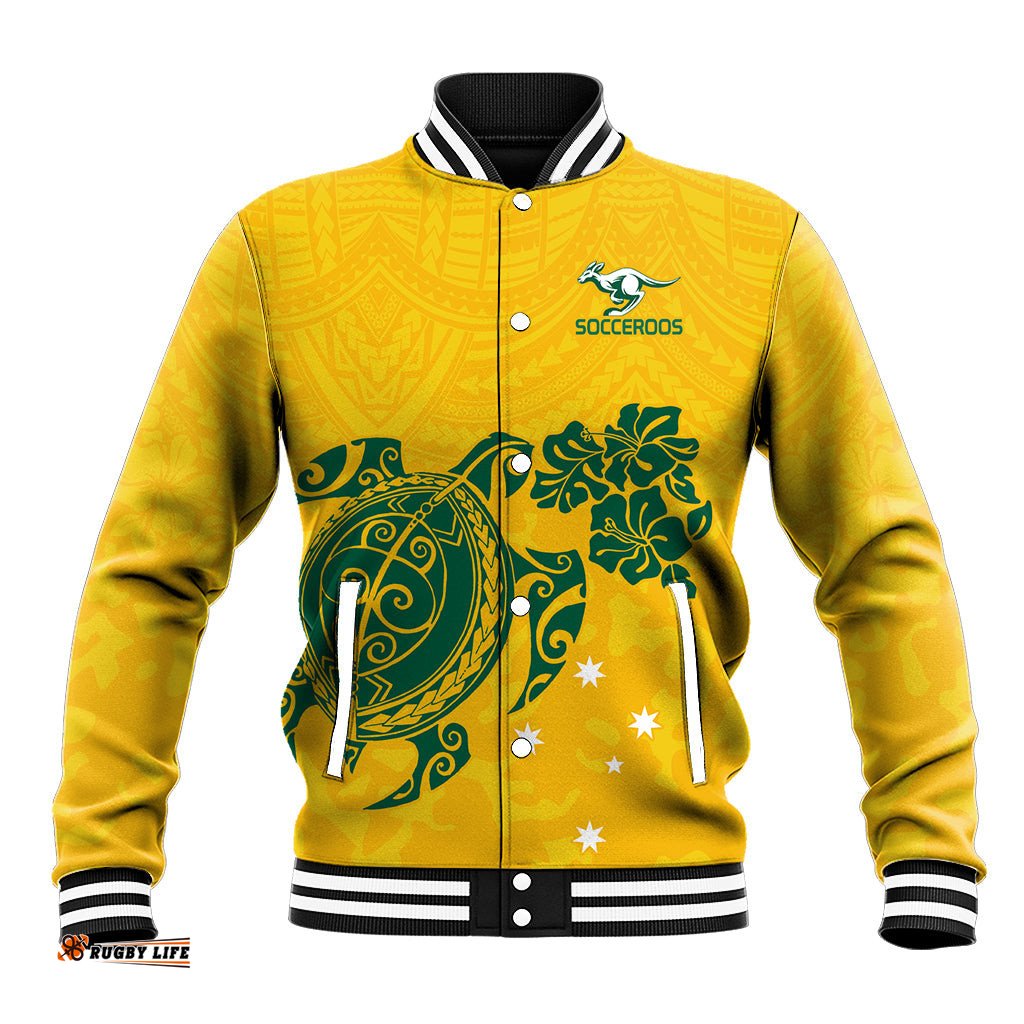 Custom Australia Soccer Baseball Jacket Socceroos Hibiscus and Turtle With Polynesian Pattern