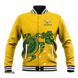 Custom Australia Soccer Baseball Jacket Socceroos Hibiscus and Turtle With Polynesian Pattern