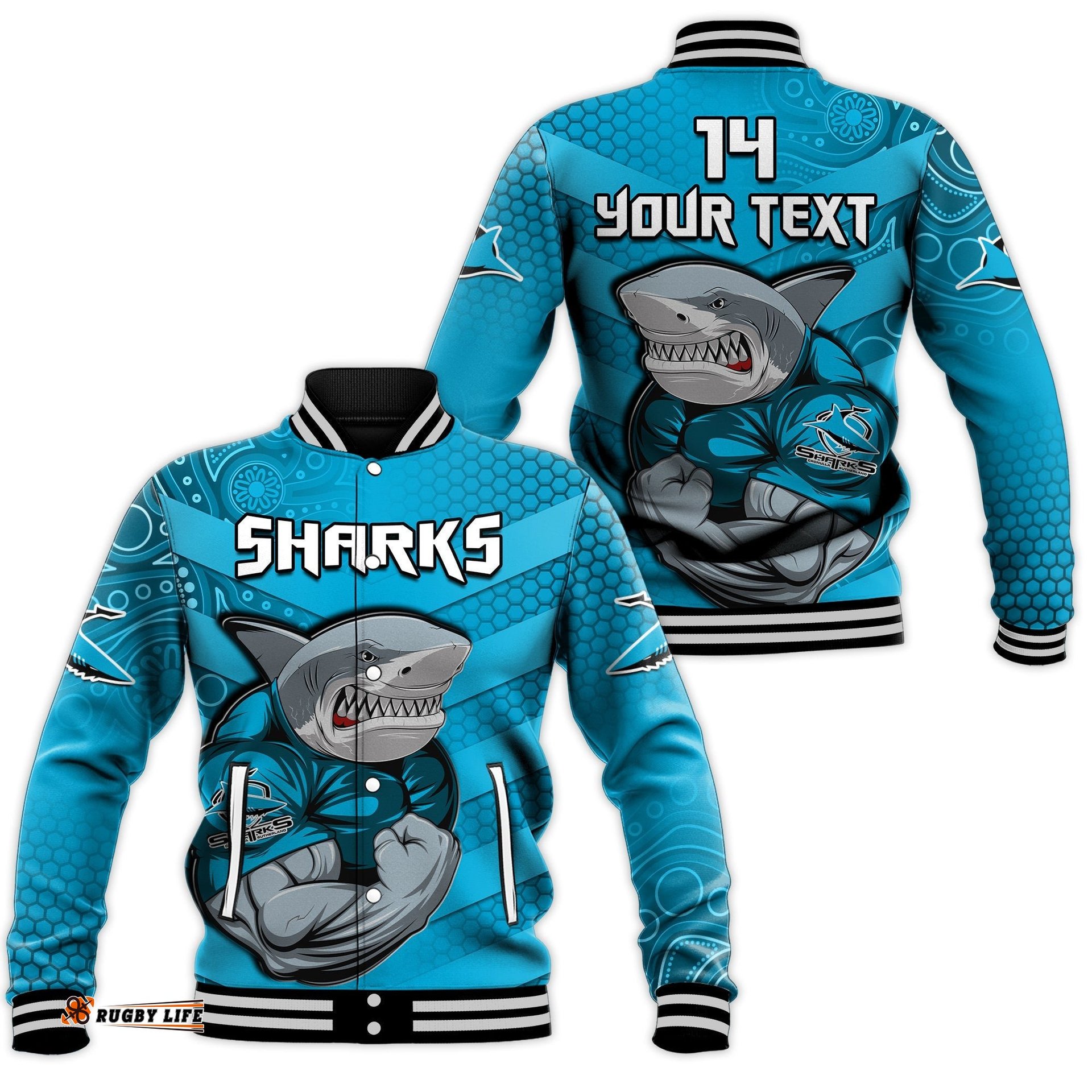 Custom Text And Number Sharks Rugby Baseball Jacket Go Sharkies Aboriginal Sporty Version Ver.03