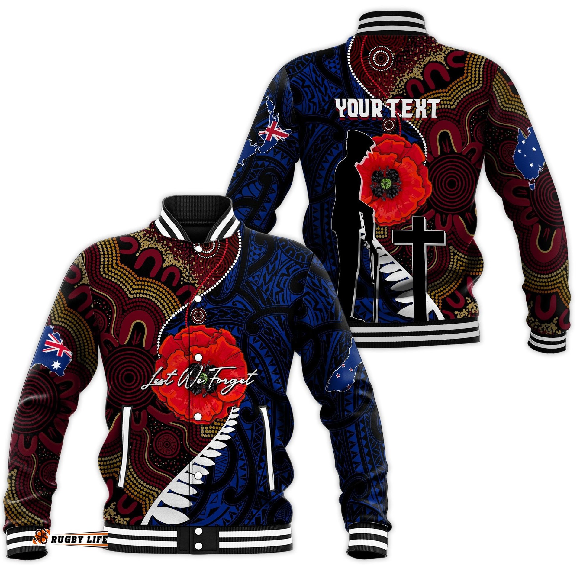 Custom Personalised Aboriginal Mix Maori Anzac Day Baseball Jacket Lest We Forget