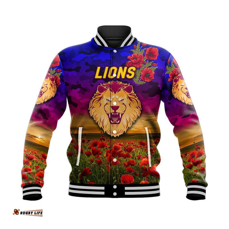 Custom Personalised Brisbane Lions ANZAC Baseball Jacket Poppy Vibes
