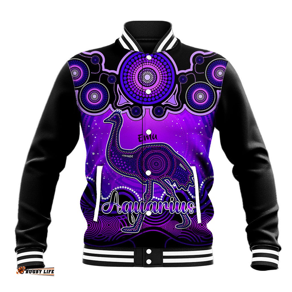 Personalised Australia Aquarius Emu Zodiac Baseball Jacket Auz Astrology Aboriginal - Purple