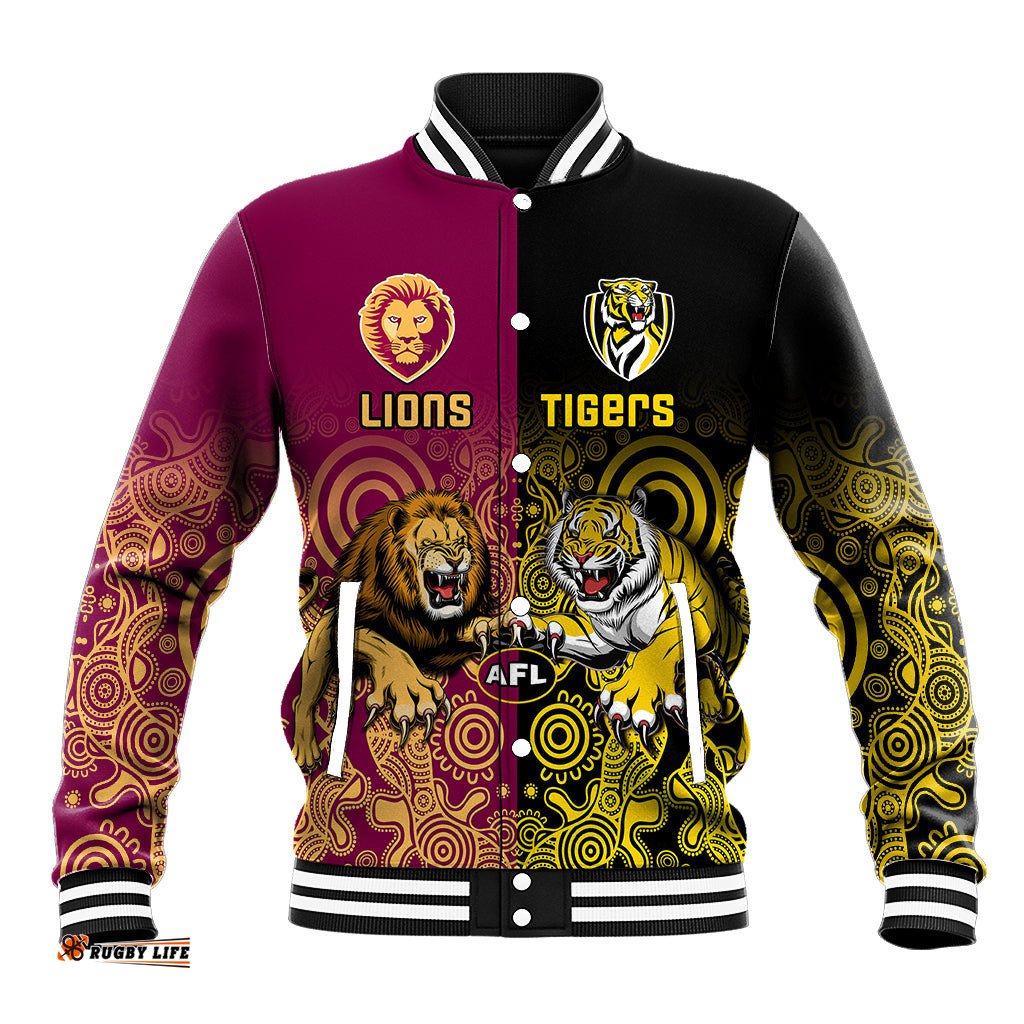 Personalised Richmond And Brisbane Lions Football Baseball Jacket Indigenous Art Version