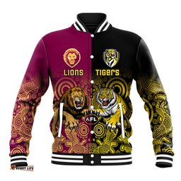 Personalised Richmond And Brisbane Lions Football Baseball Jacket Indigenous Art Version