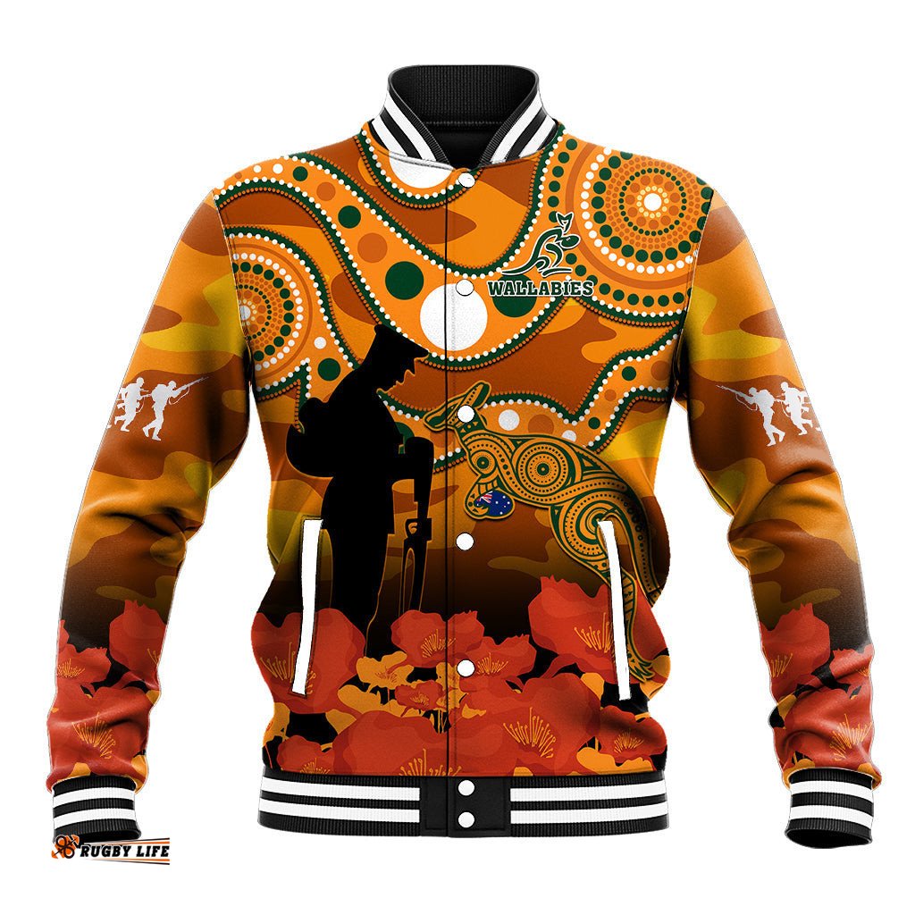 Wallabies Rugby ANZAC Baseball Jacket Aboriginal Camouflage Lest We Forget