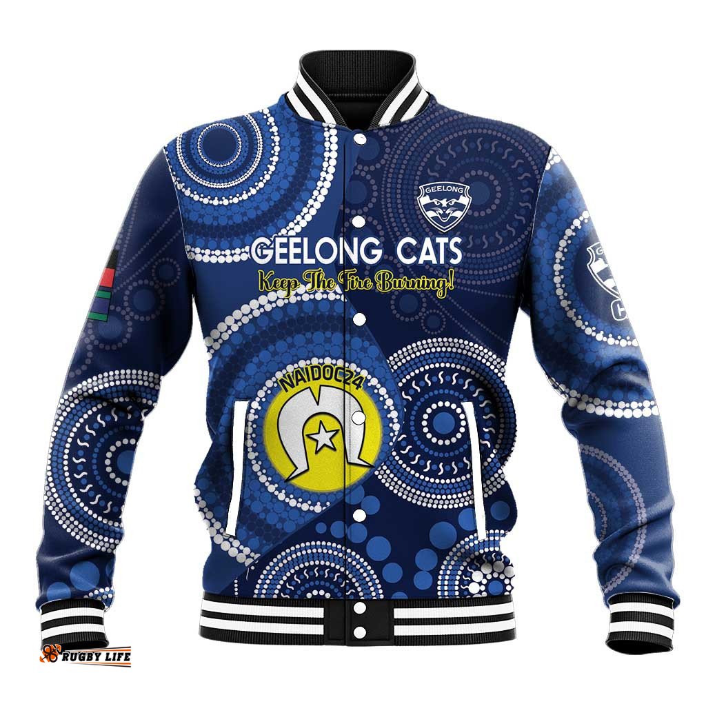 Custom AFL Geelong NAIDOC Week Baseball Jacket Keep The Fire Burning Indigenous Art