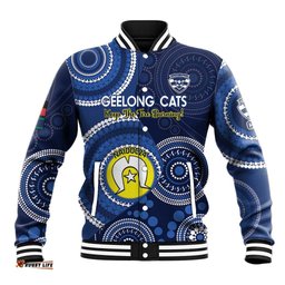 Custom AFL Geelong NAIDOC Week Baseball Jacket Keep The Fire Burning Indigenous Art