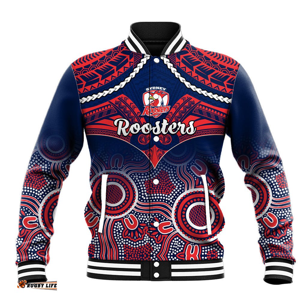 Roosters Rugby Baseball Jacket Tricolours 1908 Aboriginal Mix Polynesian Pattern
