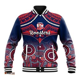 Roosters Rugby Baseball Jacket Tricolours 1908 Aboriginal Mix Polynesian Pattern