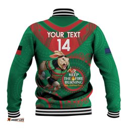 Custom NRL Rabbitohs NAIDOC Week Baseball Jacket Keep The Fire Burning Indigenous Art