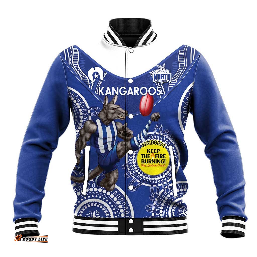Custom AFL Kangaroos NAIDOC Week Baseball Jacket Keep The Fire Burning Indigenous Art