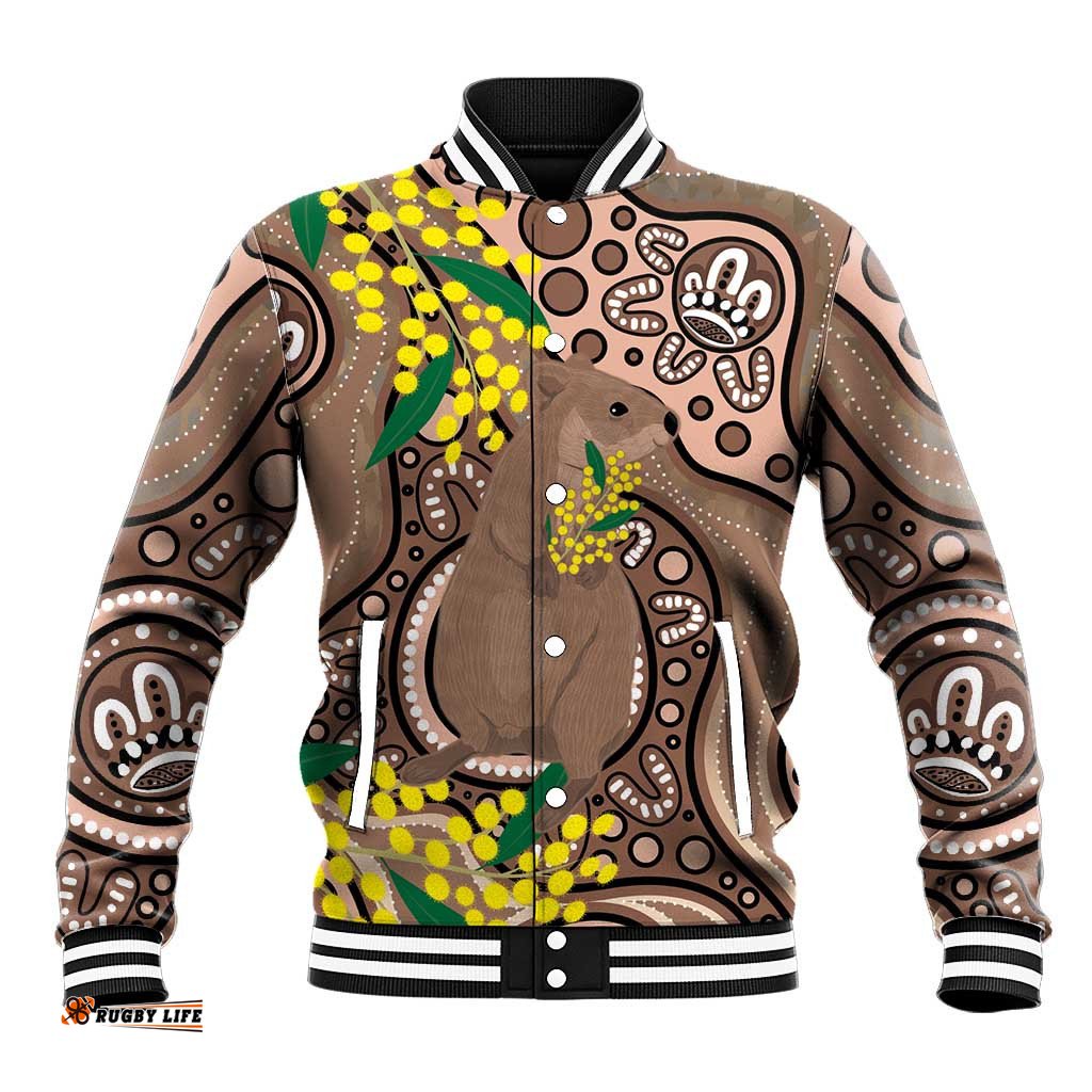 Australia Cute Quokka Baseball Jacket Indigenous Art With Golden Wattle