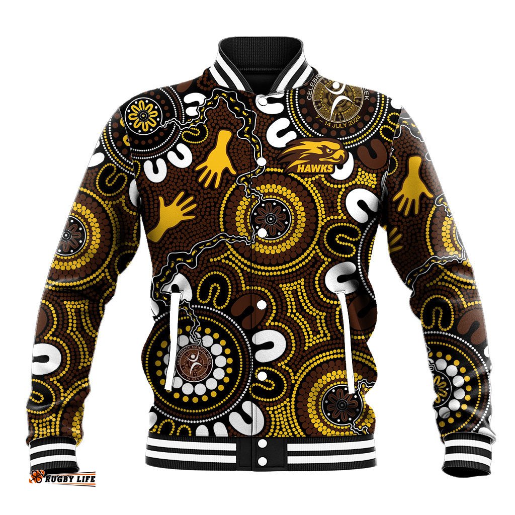 Custom Hawthorn NAIDOC Week 2024 Baseball Jacket Fire Burning Aboriginal Dots Art