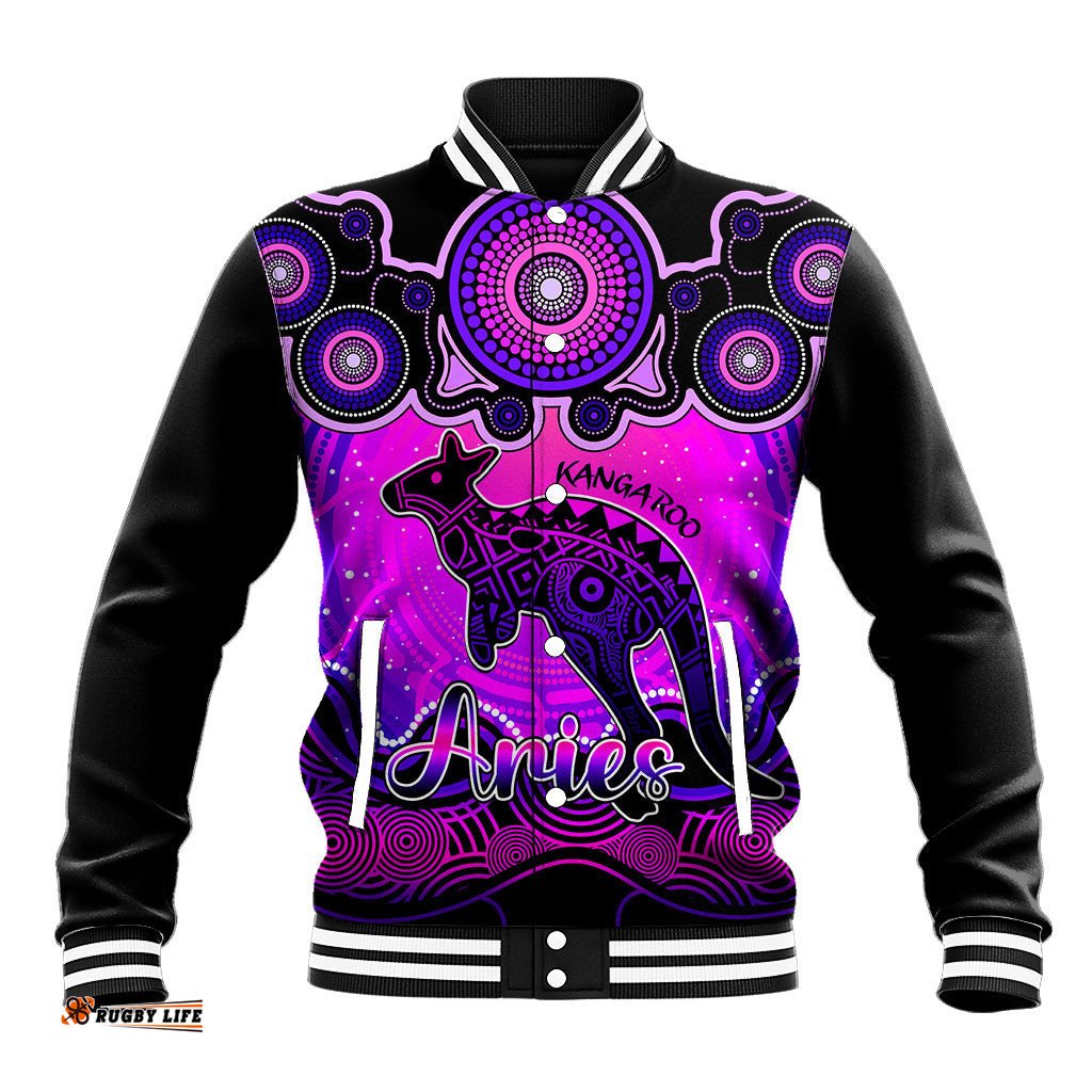 Personalised Australia Aries Kangaroo Zodiac Baseball Jacket Auz Astrology Aboriginal - Magenta