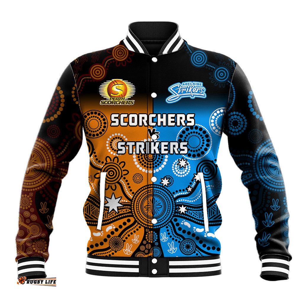 Custom Text And Number Perth Scorchers and Adelaide Strikers Cricket Baseball Jacket Aboriginal Art