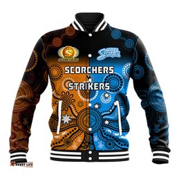 Custom Text And Number Perth Scorchers and Adelaide Strikers Cricket Baseball Jacket Aboriginal Art