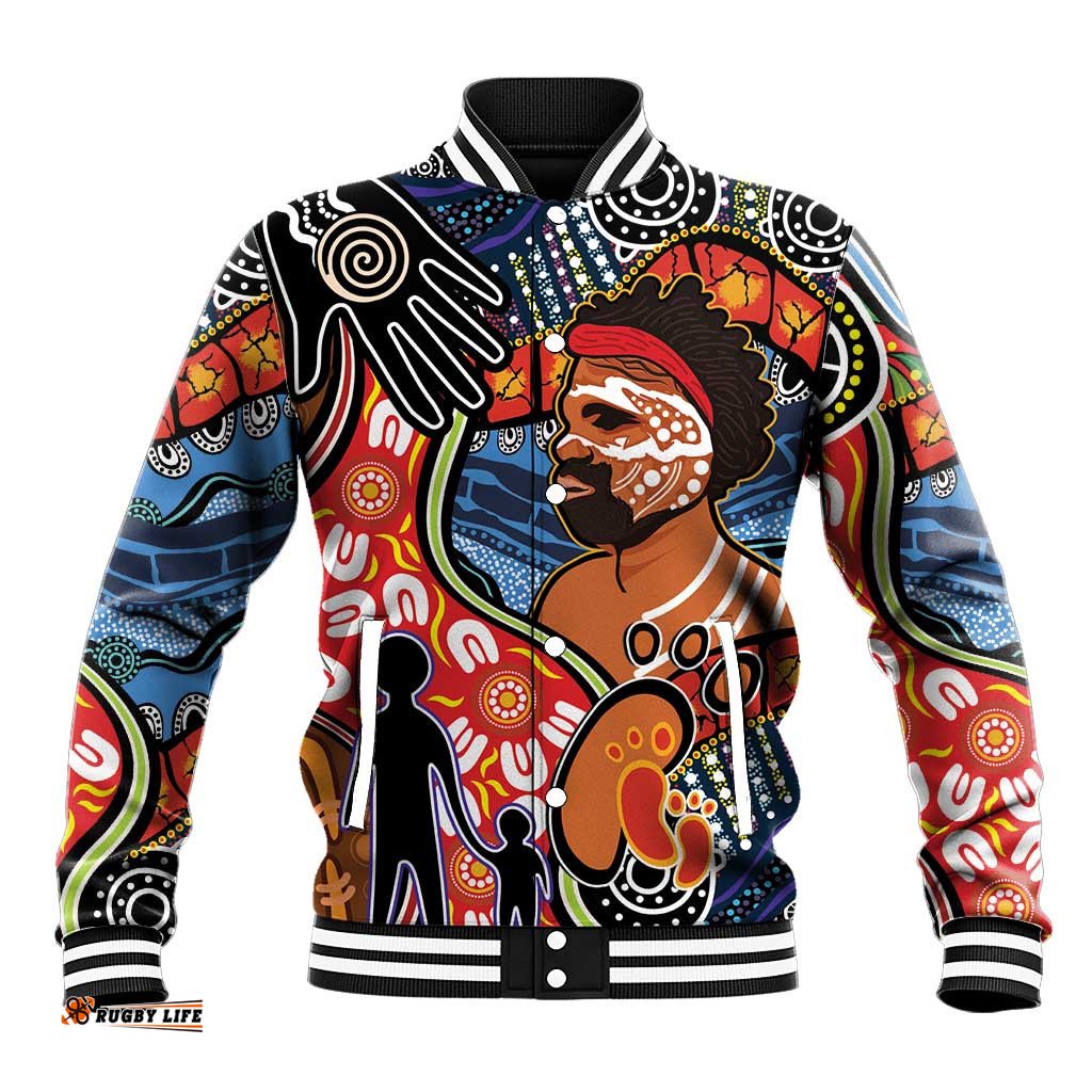 Dad and Son Footprint Father's Day Personalised Baseball Jacket Australian Aboriginal Art