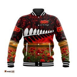 Custom Personalised New Zealand Maori ANZAC Baseball Jacket Poppy Vibes - Red
