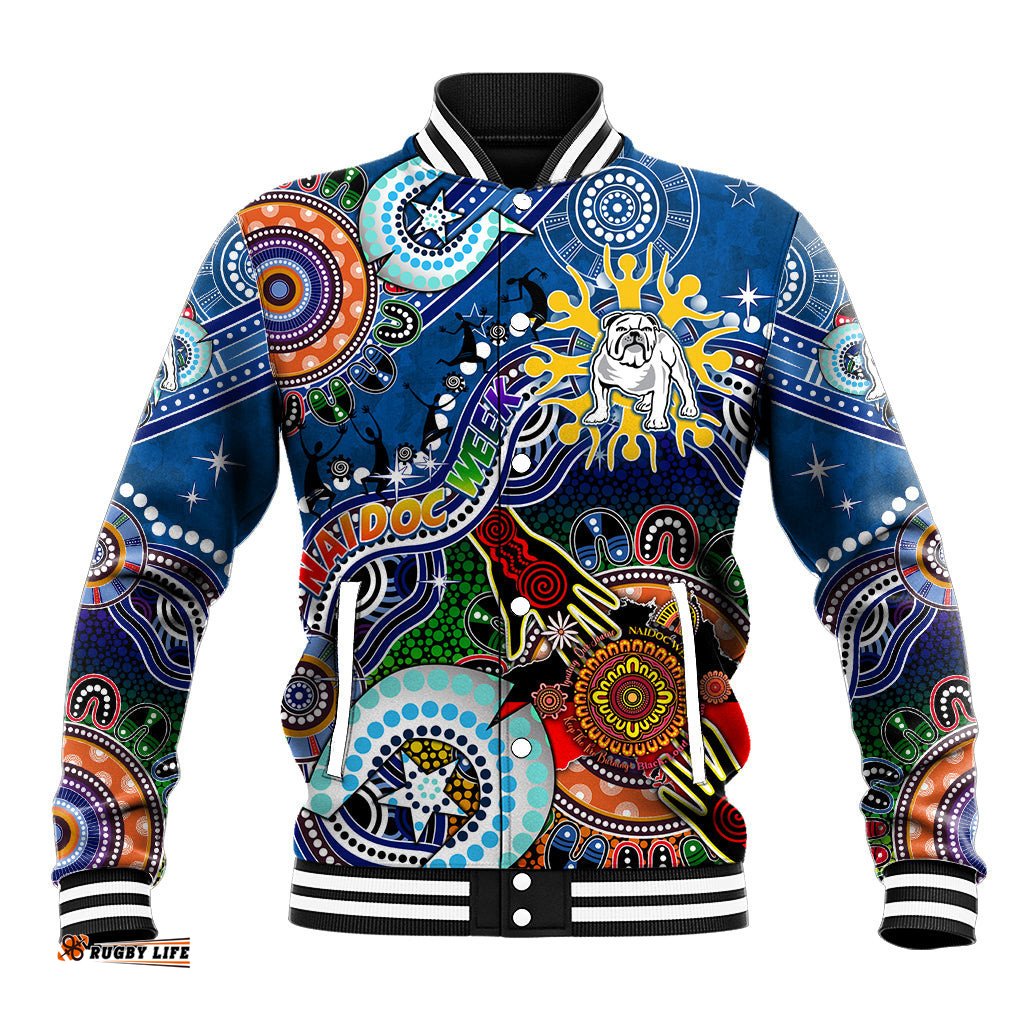 Personalised Bulldogs NAIDOC Week 2024 Baseball Jacket Australia Aboriginal Dot Painting DT02