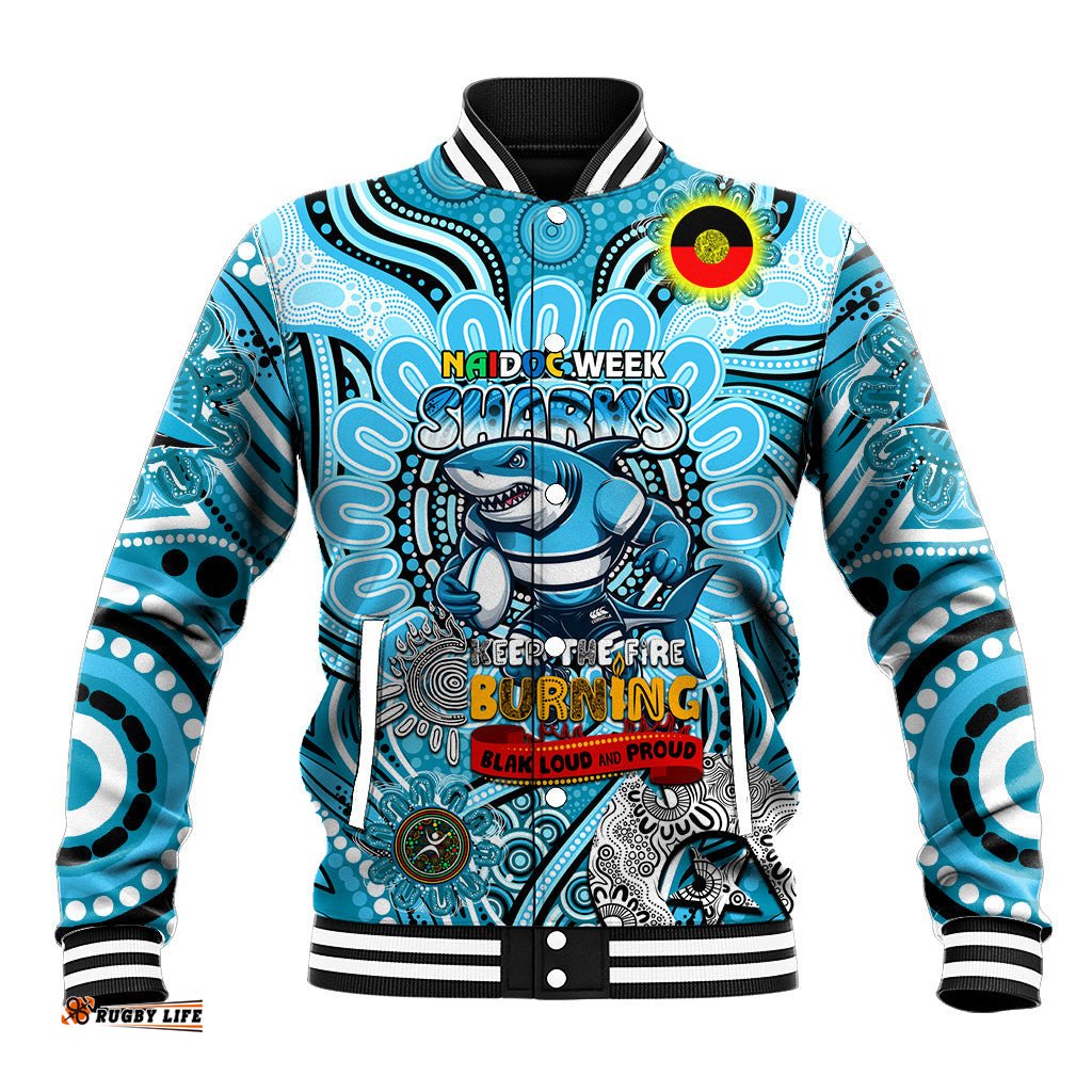 Custom NAIDOC Week 2024 Sharks Baseball Jacket Mascot Rugby DT02