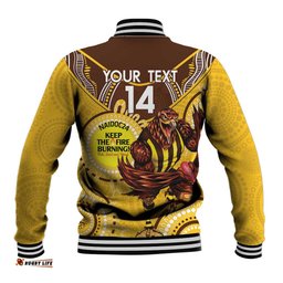 Custom AFL Hawkthorn NAIDOC Week Baseball Jacket Keep The Fire Burning Indigenous Art