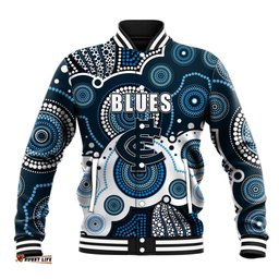 Custom Personalised And Number Blues AFL Baseball Jacket Aboriginal Patterns
