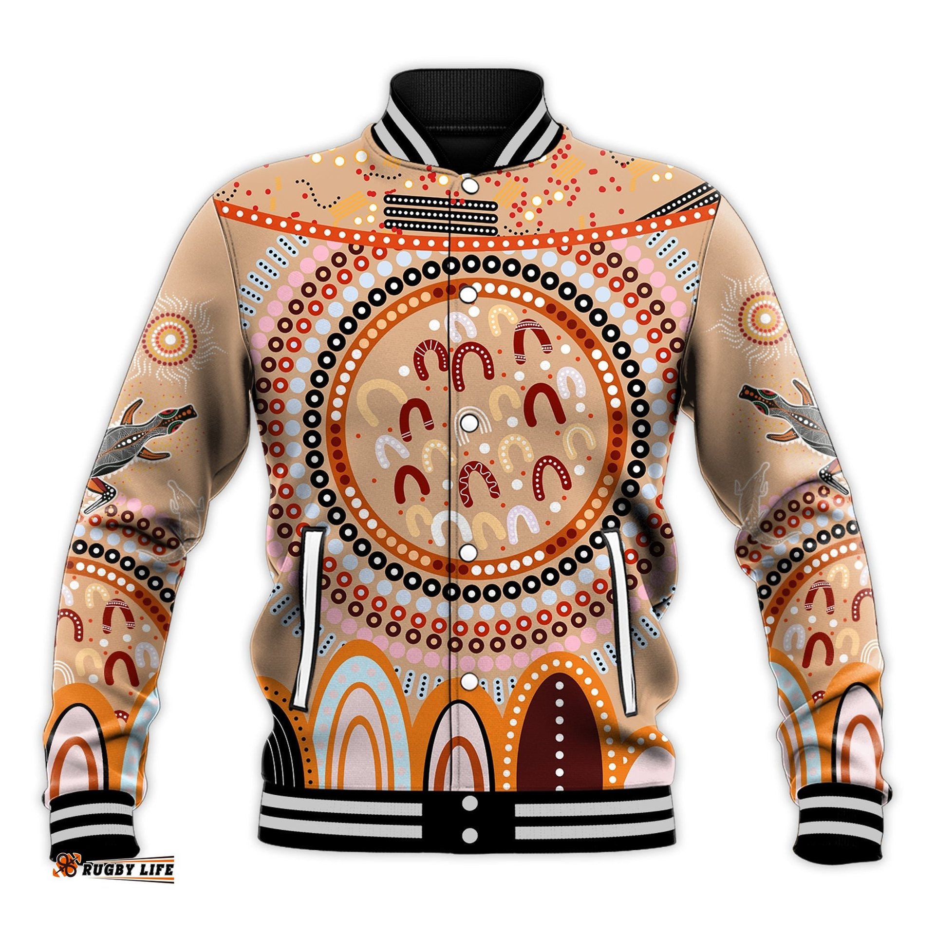Custom Text and Number Aboriginal Stand Up Baseball Jacket Circle Dot with Lizard Version PeachPuff