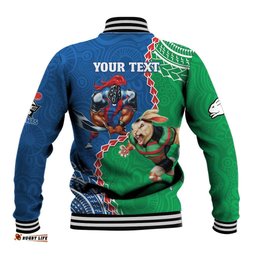 Personalised Rabbitohs And Knights Rugby Baseball Jacket Aboriginal Mix Polynesian Pattern
