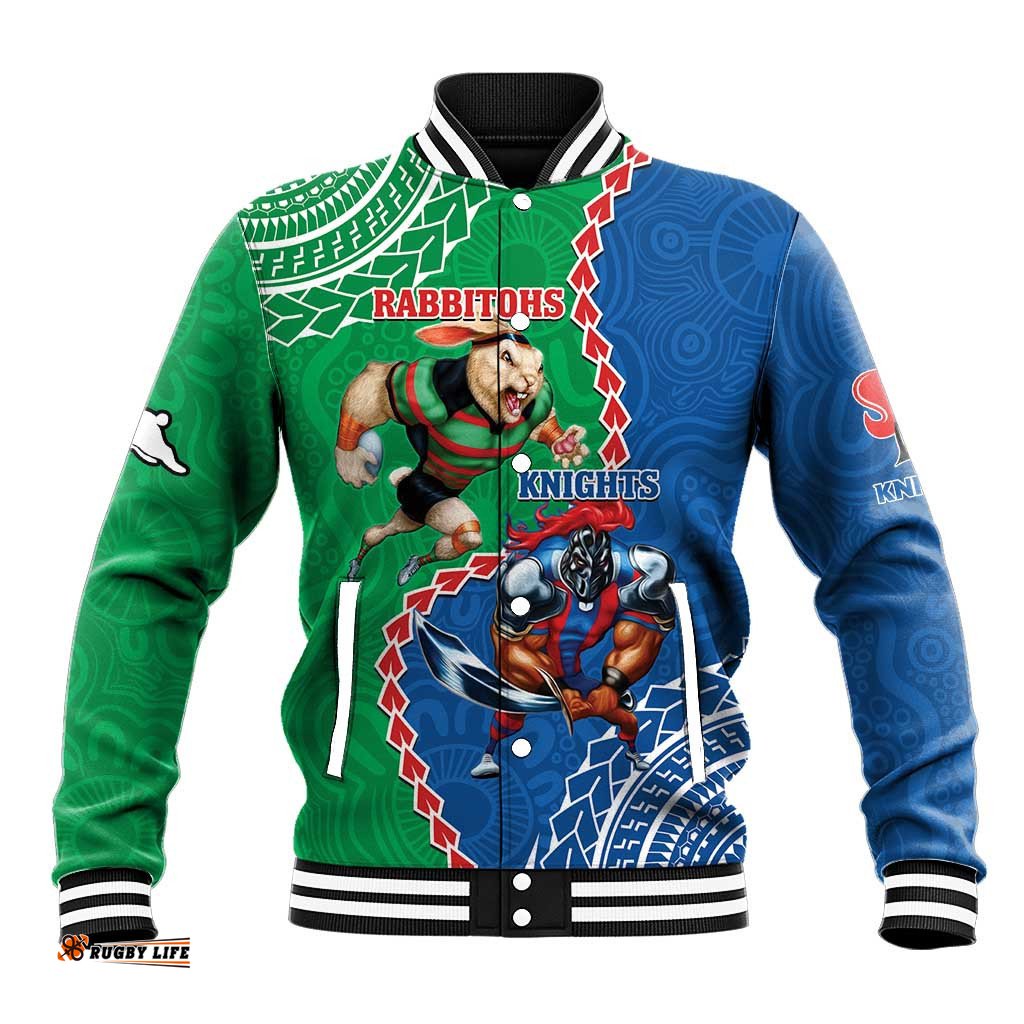 Personalised Rabbitohs And Knights Rugby Baseball Jacket Aboriginal Mix Polynesian Pattern