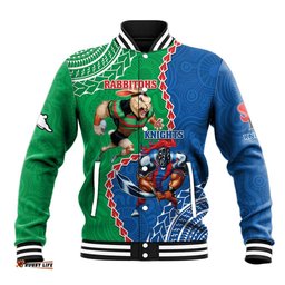 Personalised Rabbitohs And Knights Rugby Baseball Jacket Aboriginal Mix Polynesian Pattern