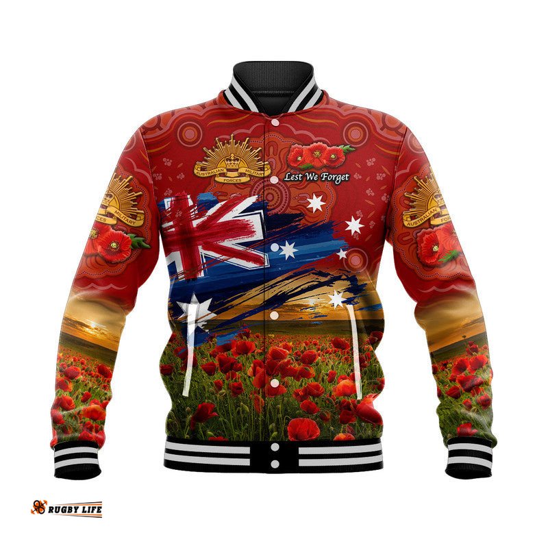 Custom Personalised Australia Aboriginal ANZAC Baseball Jacket Poppy Vibes - Red