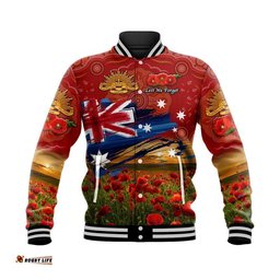 Custom Personalised Australia Aboriginal ANZAC Baseball Jacket Poppy Vibes - Red