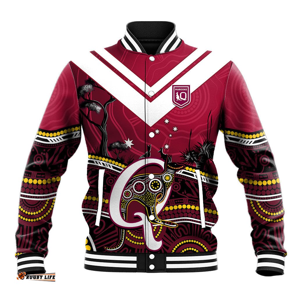 Personalised QLD Maroons Rugby Baseball Jacket Go Queensland Kangaroo Indigenous
