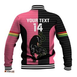 Custom Panthers Rugby Baseball Jacket Black Pink Color Sporty Style
