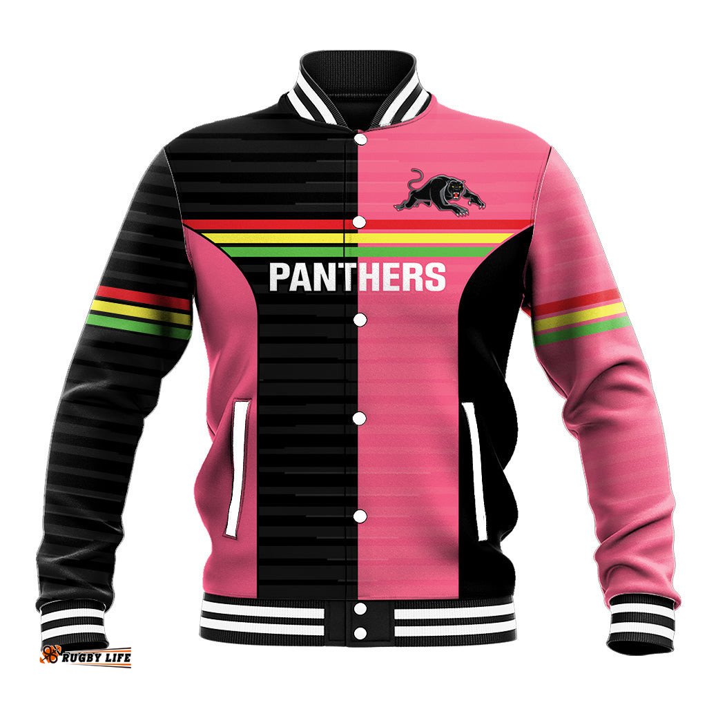 Custom Panthers Rugby Baseball Jacket Black Pink Color Sporty Style