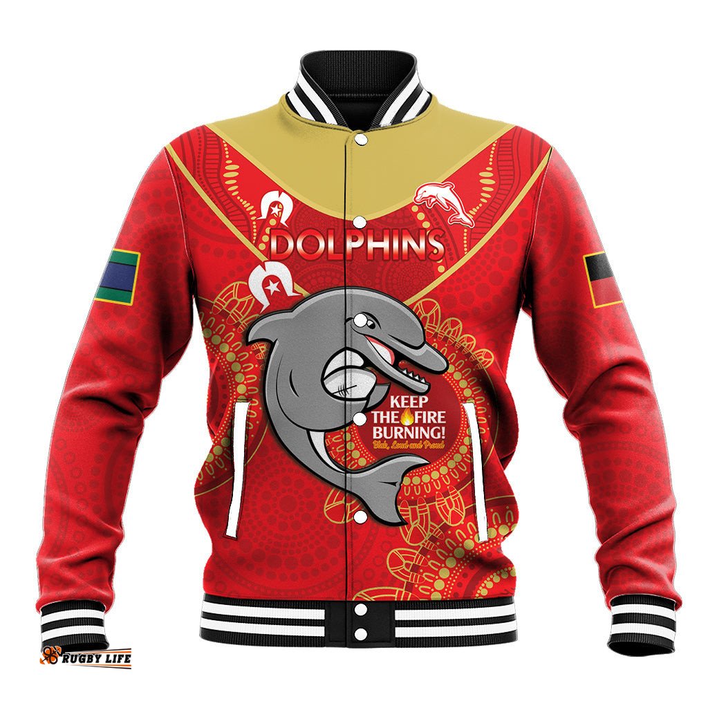 Custom NRL Dolphins NAIDOC Week Baseball Jacket Keep The Fire Burning Indigenous Art