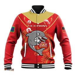 Custom NRL Dolphins NAIDOC Week Baseball Jacket Keep The Fire Burning Indigenous Art