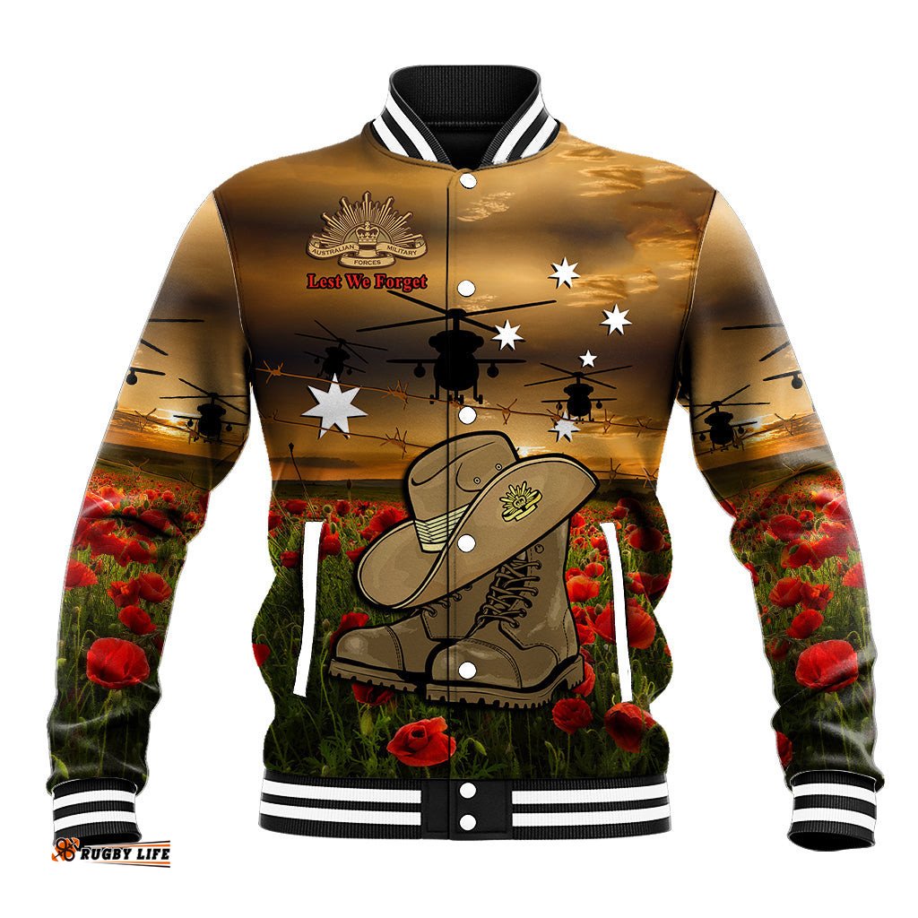 Australian ANZAC Baseball Jacket Slouch Hat And Army Boots With Poppy