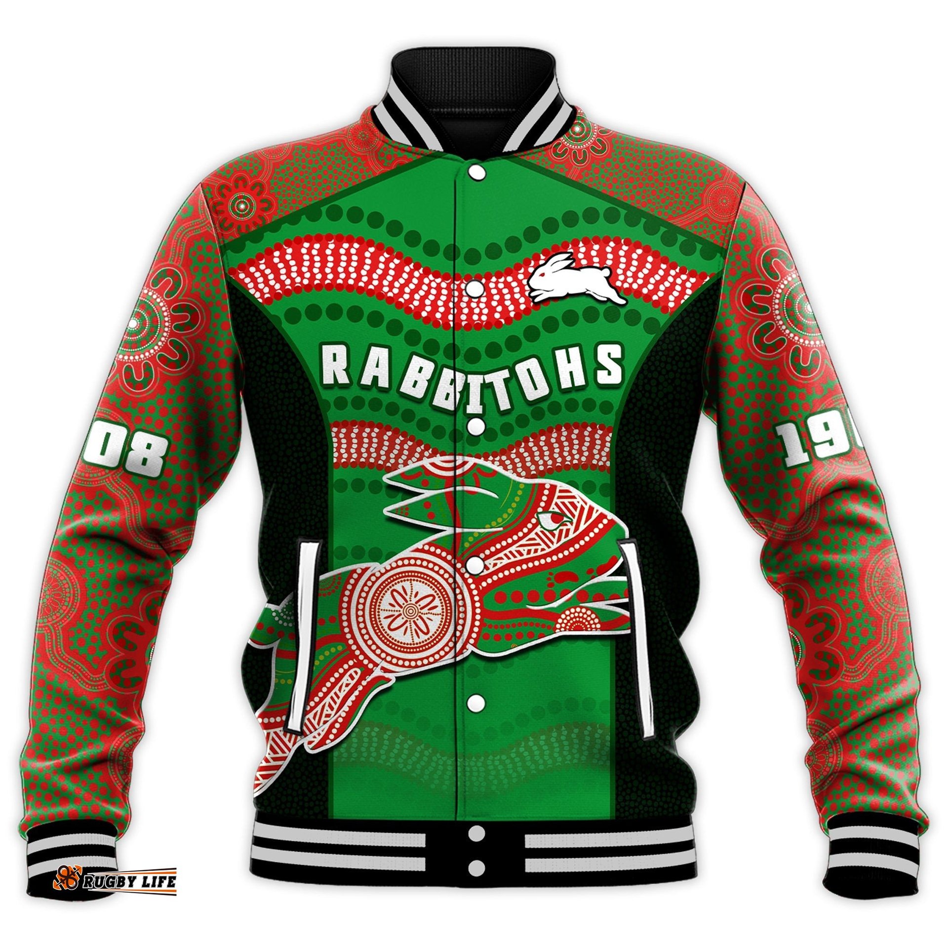 Rabbitohs Rugby Baseball Jacket Souths 1908 Aboriginal Dot Painting Go Bunnies