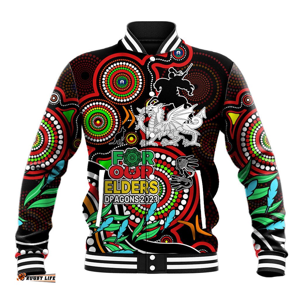Dragons Rugby Aboriginal Art Baseball Jacket NAIDOC Indigenous Tribal