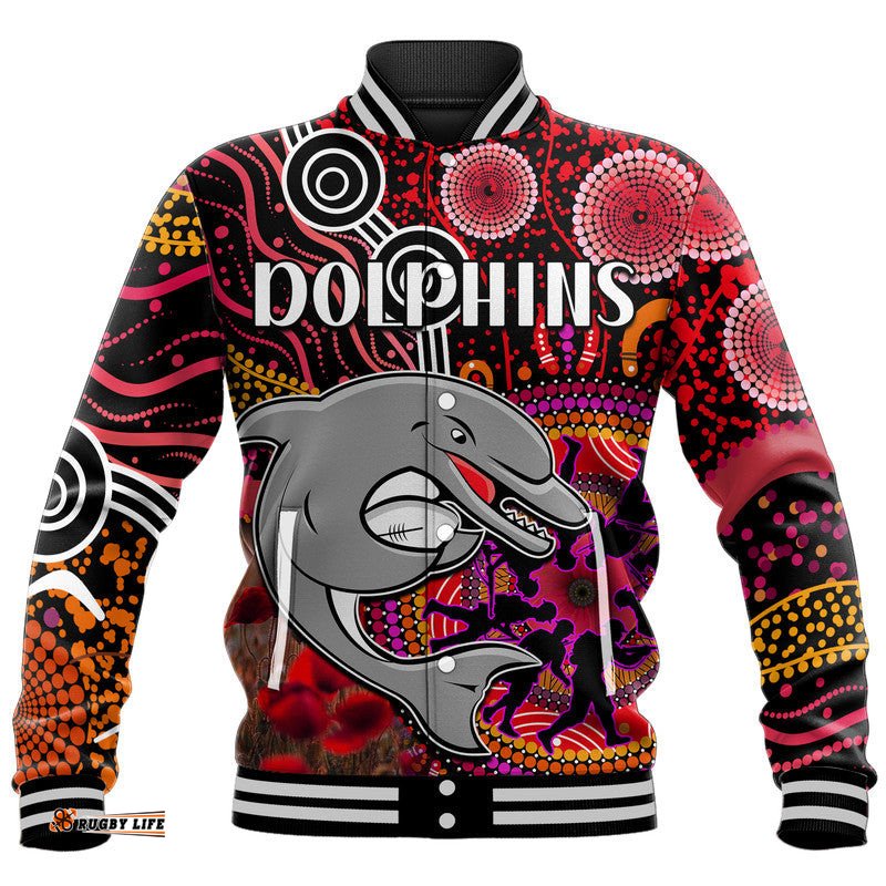 Dolphins Rugby ANZAC Baseball Jacket Aboriginal Military and Poppy Flowers