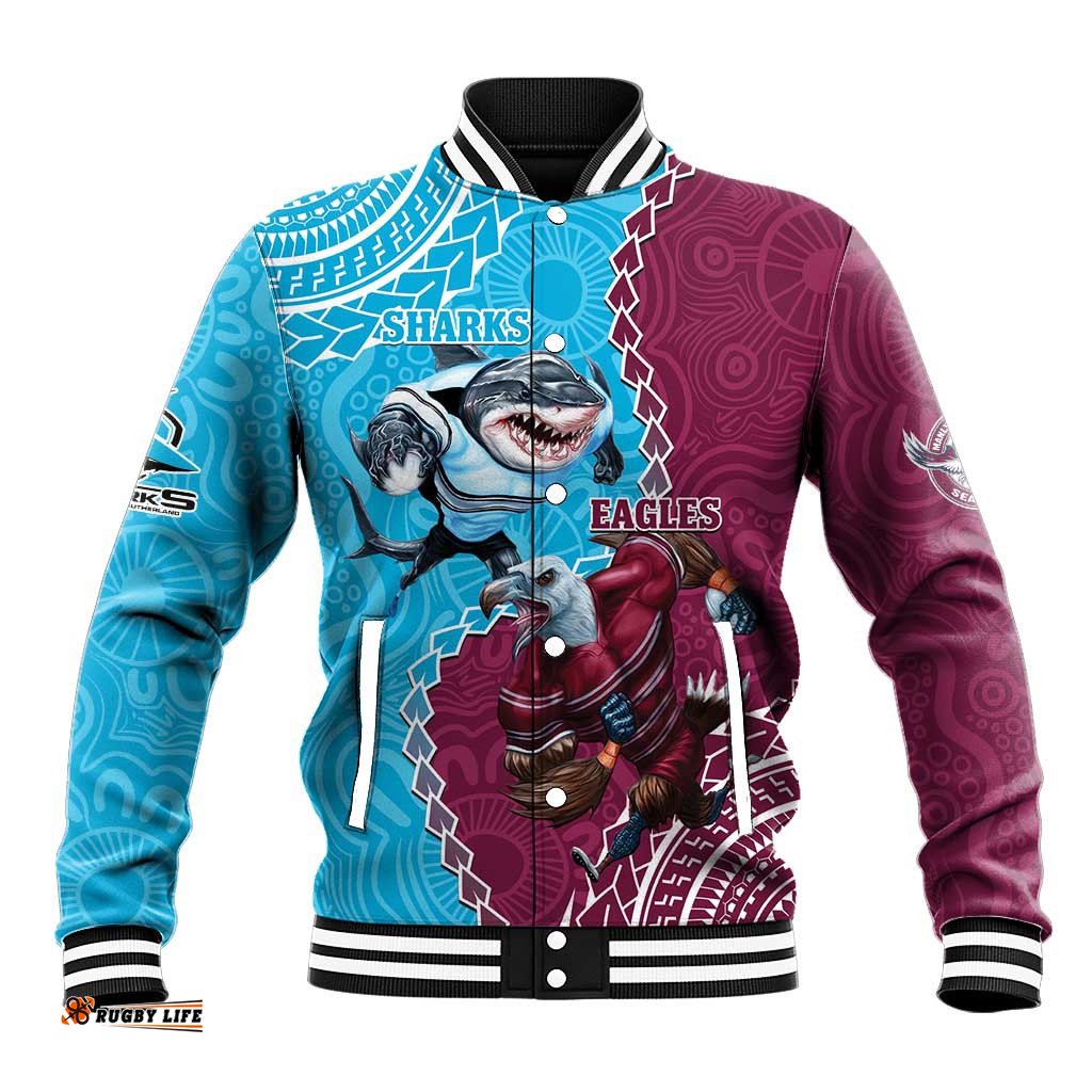 Personalised Eagles And Sharks Rugby Baseball Jacket Aboriginal Mix Polynesian Pattern