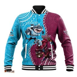 Personalised Eagles And Sharks Rugby Baseball Jacket Aboriginal Mix Polynesian Pattern