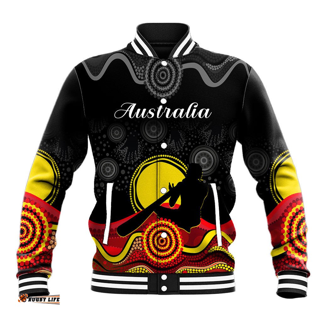 Custom Personalised Australian Indigenous Baseball Jacket Didgeridoo Man Circle Aboriginal Art