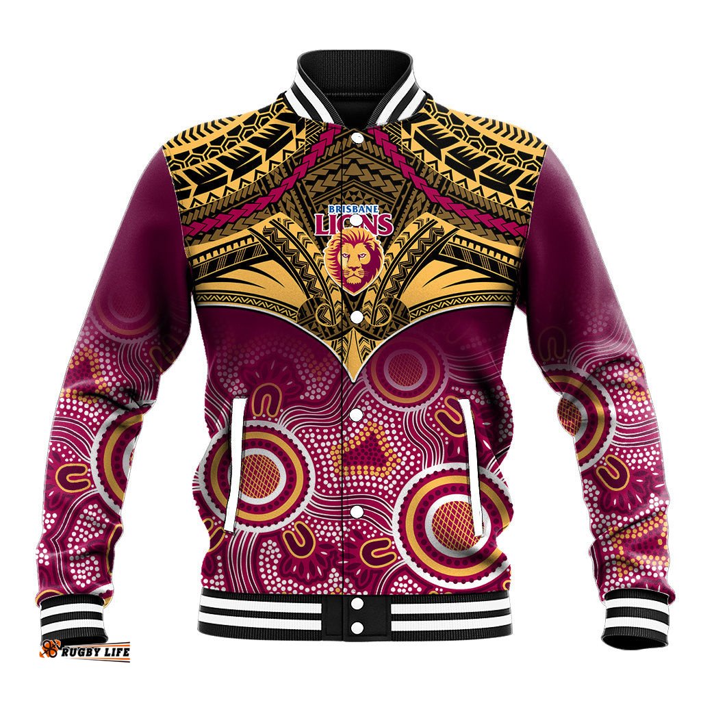 Brisbane Football Baseball Jacket Go Lions Aboriginal Mix Polynesian Pattern