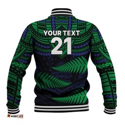 Custom Warriors Rugby Baseball Jacket Aotearoa Fern Polynesian Pattern